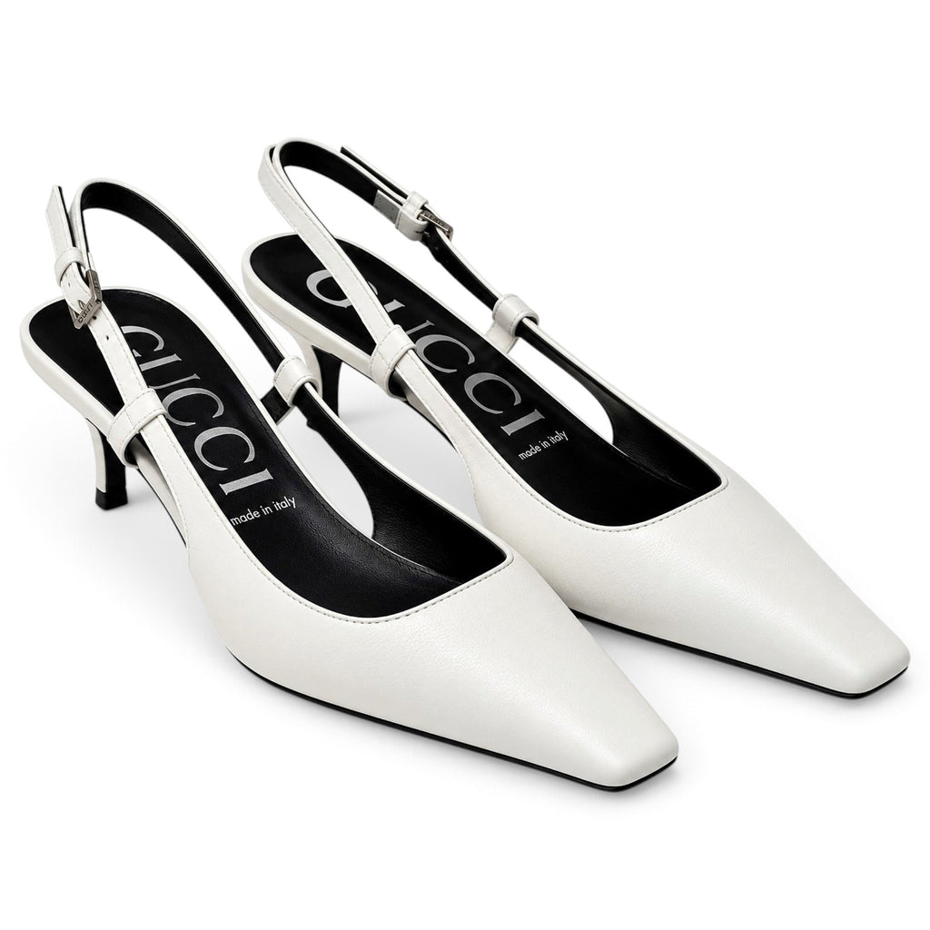Gucci Escarpins en cuir Signoria blanc slingback à bout carré, bride réglable